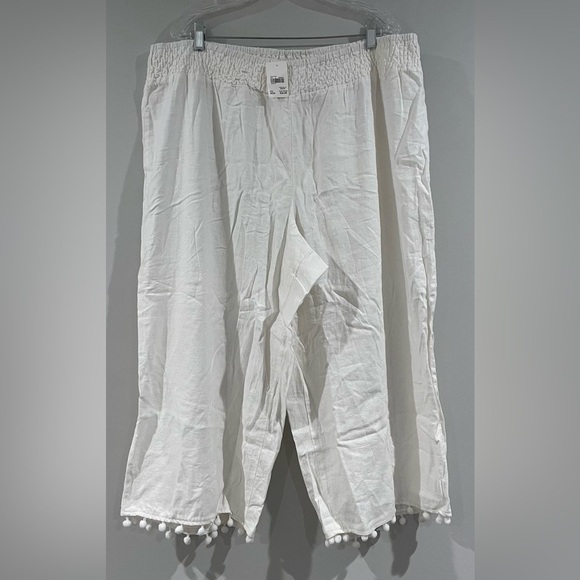NWT Cato Plus Size White Wide Leg Linen Pants Pom Pom Hem, 22W/24W Swim/Beach - Picture 1 of 8